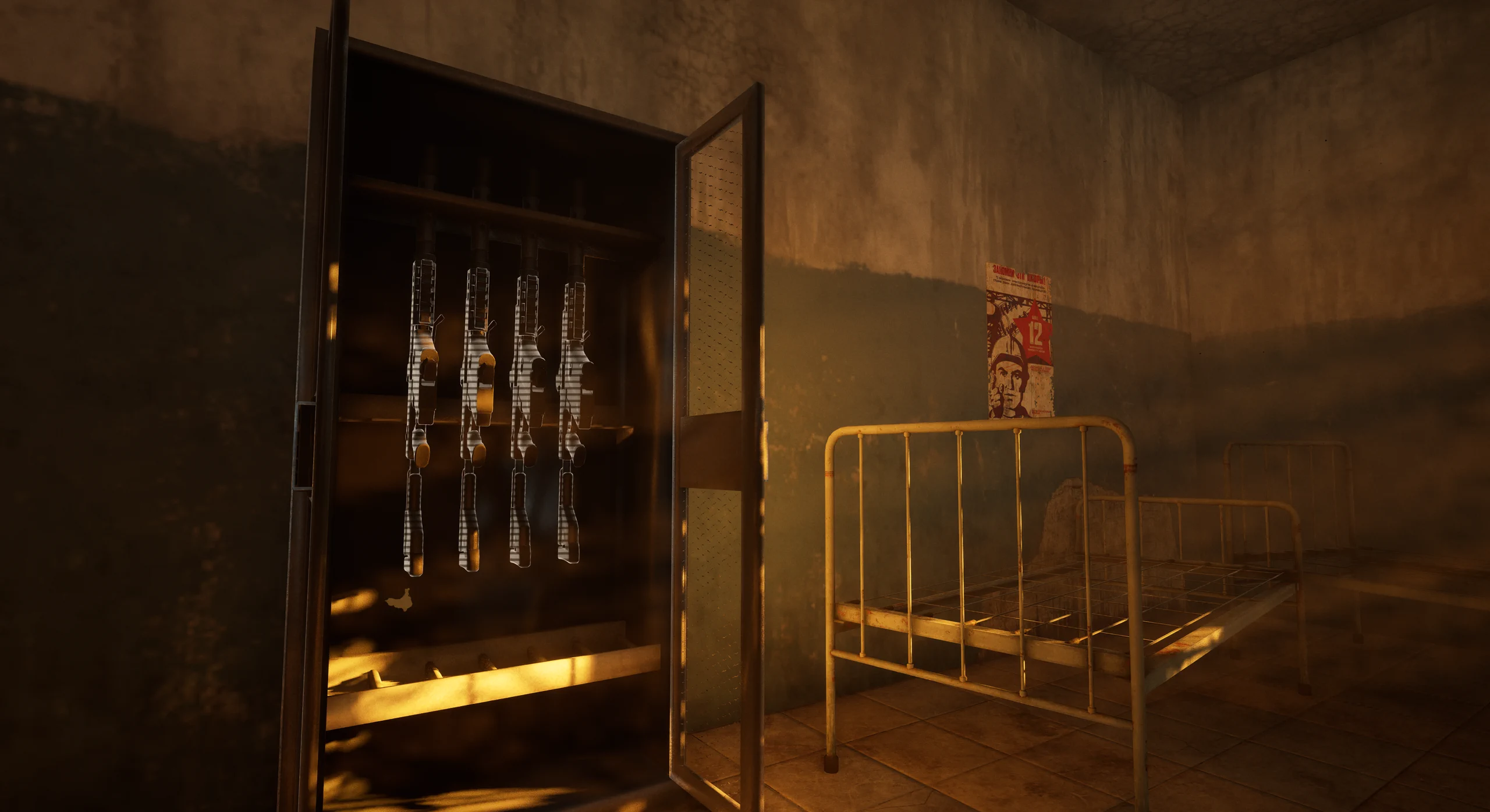Weapons stored in a dimly lit Chernobyl Zone room