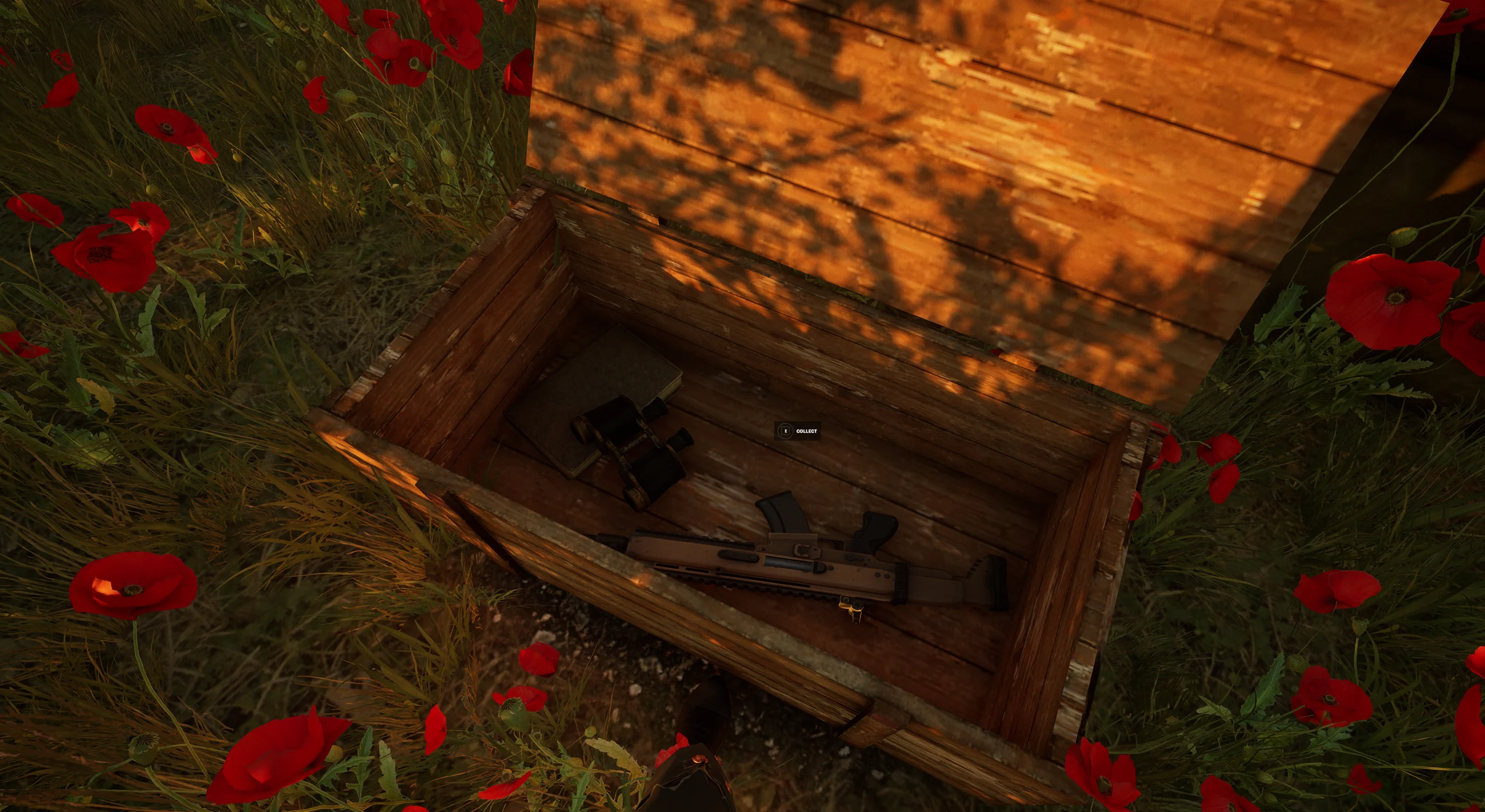 A hidden supply cache with binoculars and a rifle in Hunt the Mutant