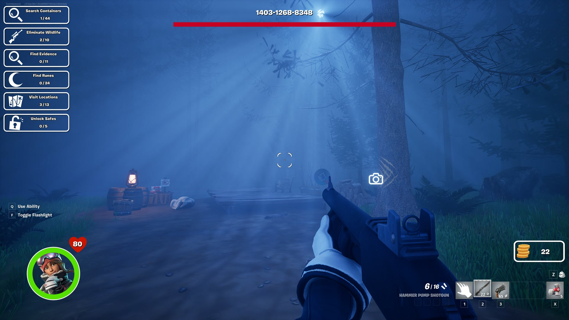 Exploring a foggy campsite in Hunt the Werewolf