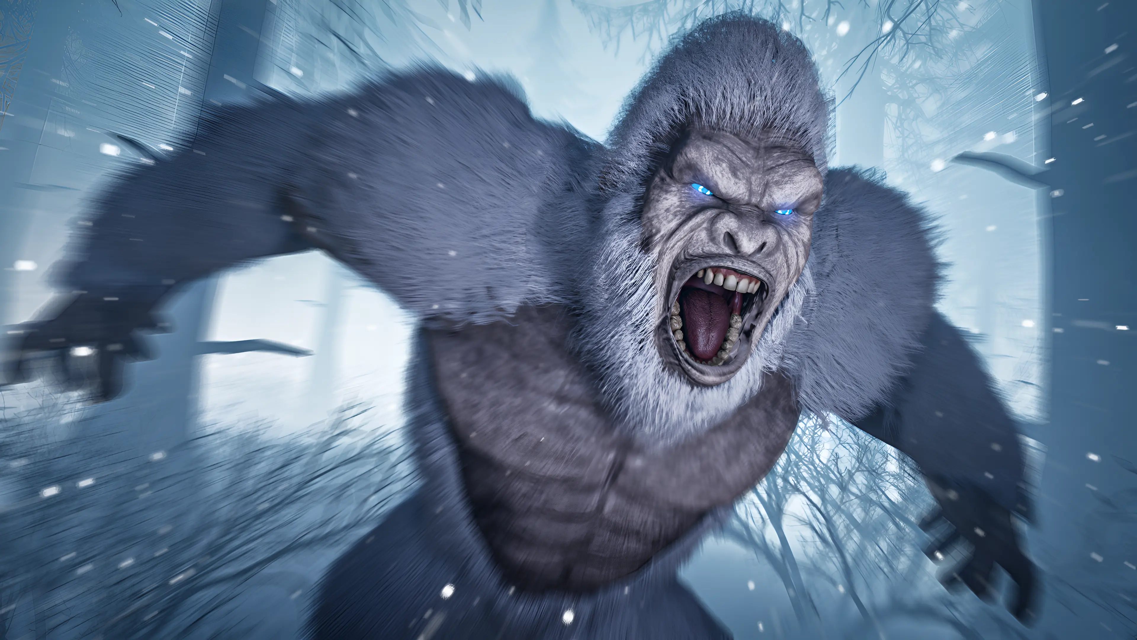 The yeti charging through a frozen mountain forest