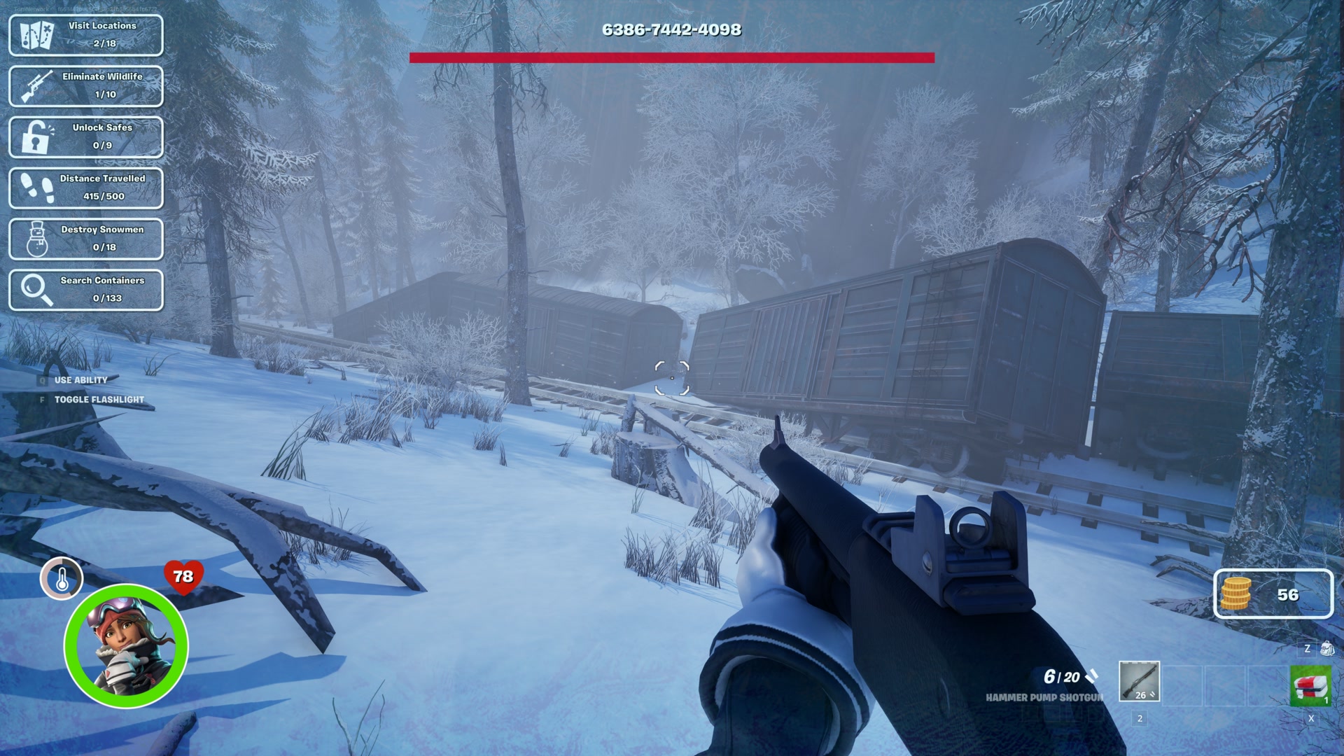 Exploring a snowy train yard in Hunt the Yeti